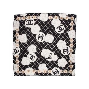 Chanel Black white silk Interlocking CC Logo Scarf